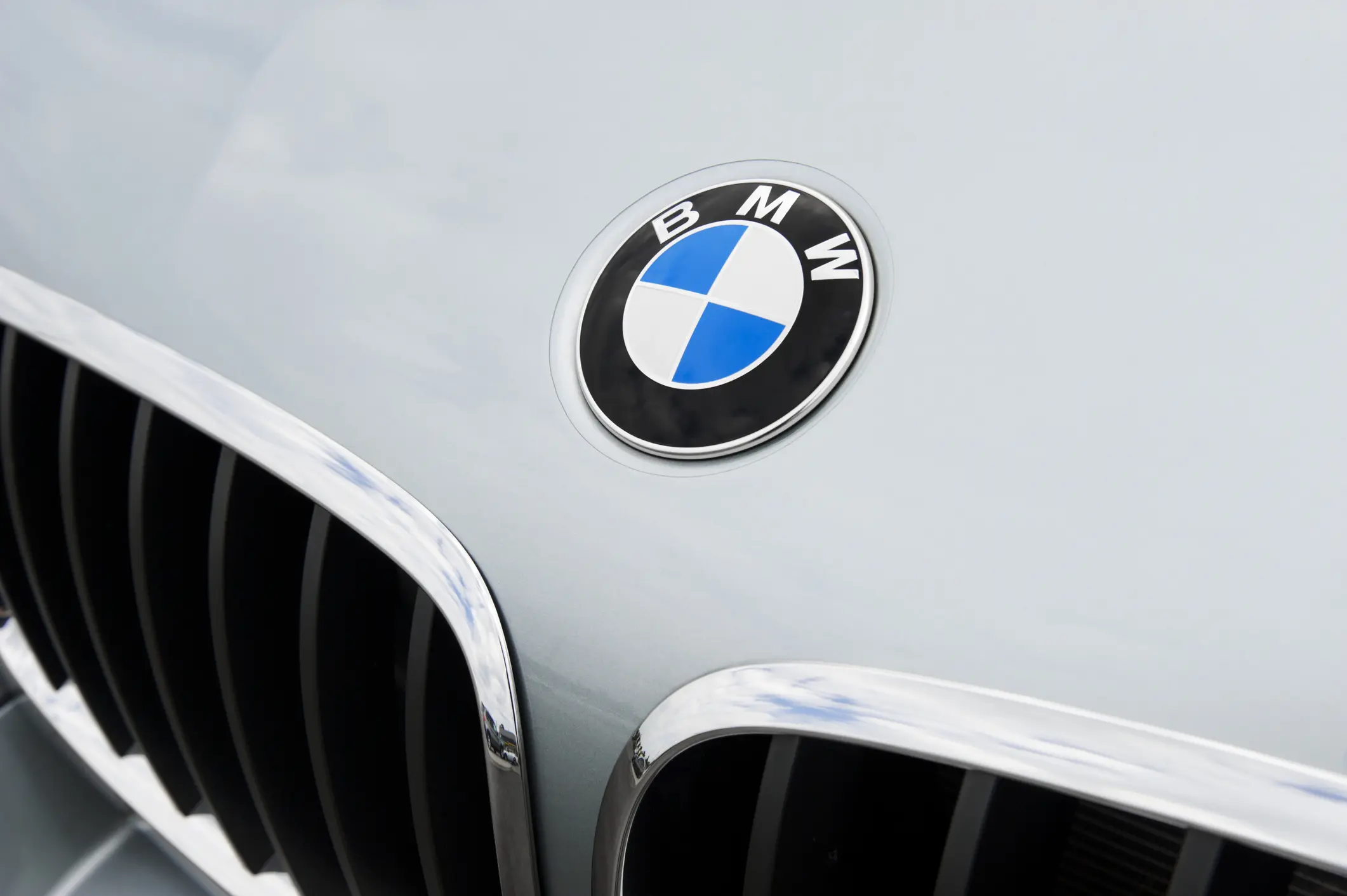BMW logo on silver car grille.