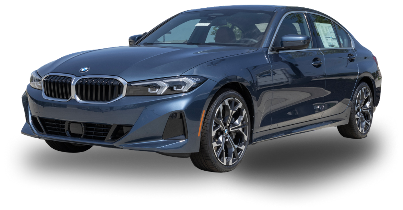 Blue BMW sedan on black background